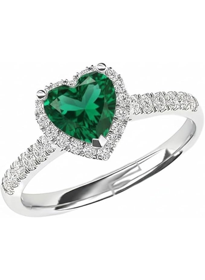 Emerald Heart Ring – Valentine’s Day Romantic Gift – Silver Tone Zircon Halo – Hypoallergenic Stainless Steel - Image 1